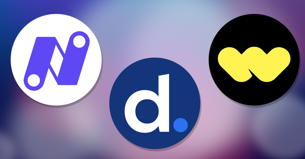 A purple background with the logo of three companies: Nowports, Whatnot, and Deel
